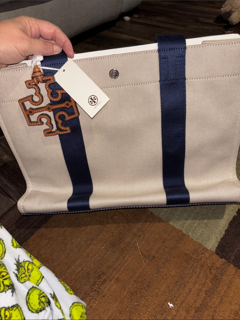 Tory Burch Beige Canvas Tote with Navy Straps and Leather Logo Charm